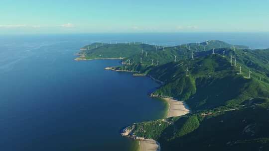 4K 海岛风车山风力发电、绿色清洁能源航拍