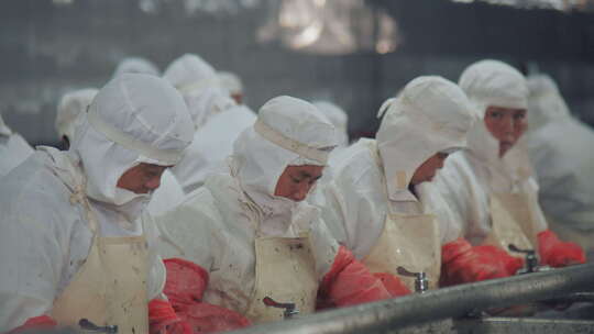 工人穿着防护服在流水线上加工海参