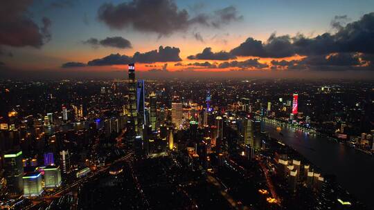 航拍浦东陆家嘴逆光夜景