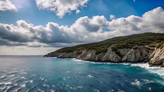 海边岩石与蓝天白云风景