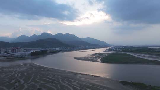 航拍闽江河口湿地小岛果园茉莉花田沙洲河汊