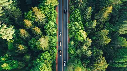 森林公路汽车俯瞰画面