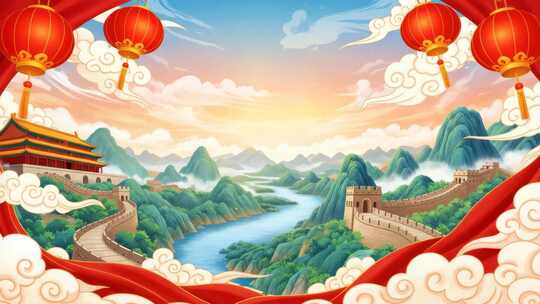 中式国潮国风国庆节山水建筑喜庆背景
