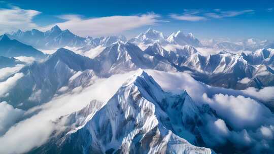 雪山云海壮观景象的高空俯瞰