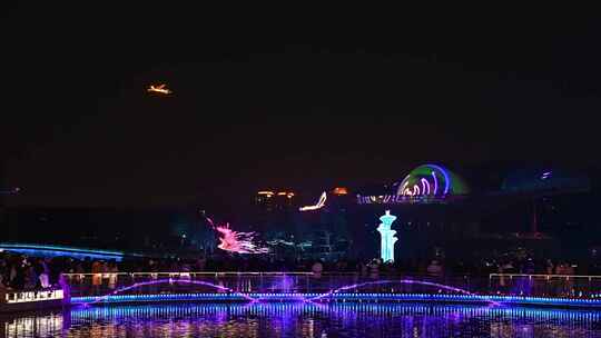 北京朝阳城市节日夜晚湖面灯光秀