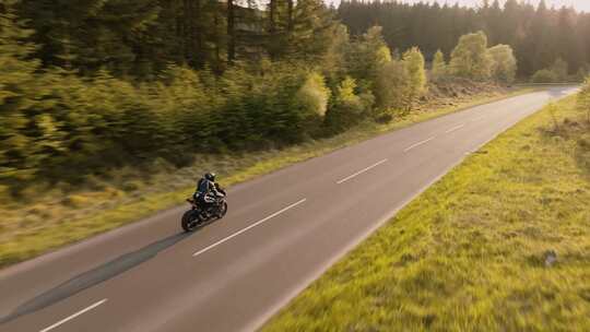 驾驶摩托车行驶在森林公路中BMW宝马