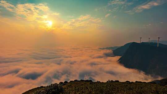 清晨云海日出云层山顶山林山峰云雾缭绕风景