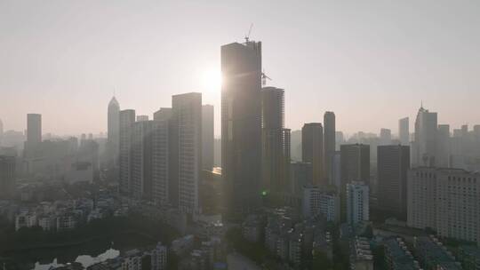 4K强光下武汉万象城写字楼与空中的飞鸽