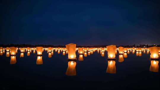 水面漂浮孔明灯夜景