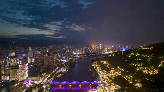 甘肃兰州黄河中山桥晚霞夜景航拍延时