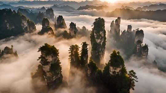 张家界云海环绕的奇峰景观