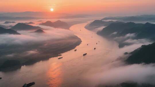 日出长江三峡大坝水电站长江源云雾壮丽山河