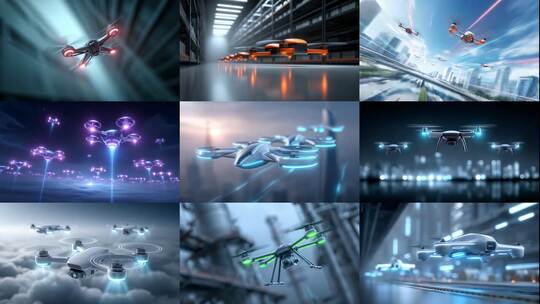 未来科技无人机群城市巡航高清在线视频素材下载
