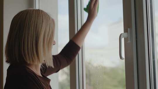女人擦窗户打扫卫生擦玻璃视频素材模板下载