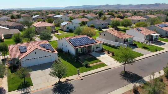 住宅区屋顶太阳能板俯拍景象