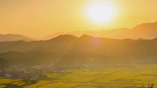 清晨太阳升起油菜花海里村落民居炊烟