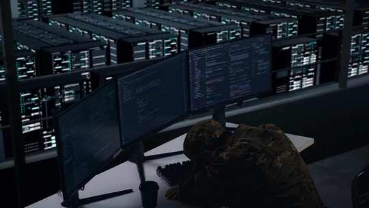 疲惫的亚洲军人在数据中心写代码时睡觉