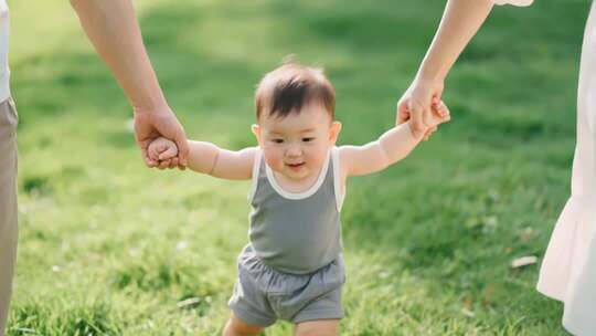父母牵手婴儿在草地学步