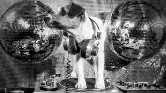 狗狗站在唱片机上视频素材模板下载