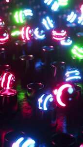 五彩霓虹灯球从管道中弹出。垂直循环动画