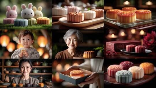 中秋中秋月饼礼盒与兔兔的温馨团圆高清在线视频素材下载