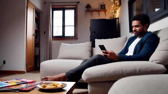 男子沙发上休闲玩手机