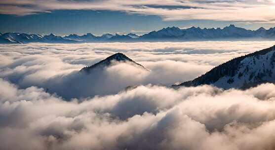 雪山云雾森林阳光树林远山峰大自然生态风景