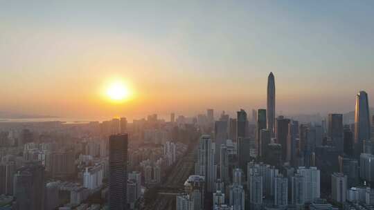 深圳福田区市中心航拍平安大厦夕阳黄昏日落