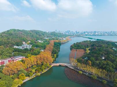 杭州西湖北山街孤山秋景航拍延时