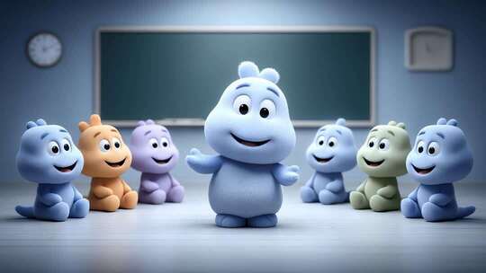 卡通玩偶们在教室里快乐的一天