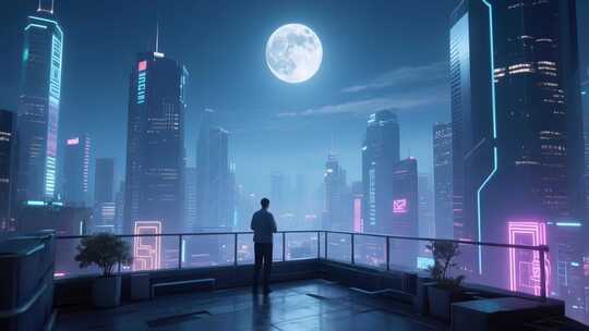 男子眺望赛博朋克风城市夜景