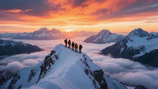 登山者在雪山之巅赏壮丽风光