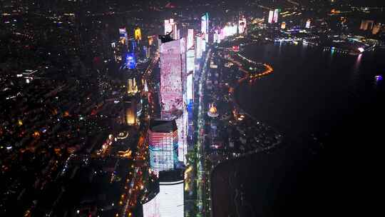 中国山东青岛城市夜景灯光秀航拍鸟瞰