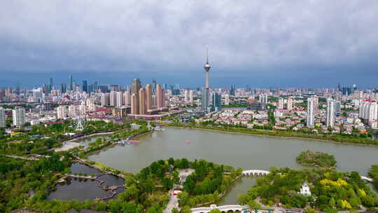 天津天塔湖水上公园景区城市风光延时航拍