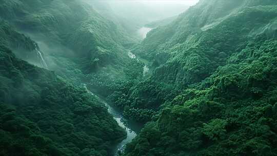 大气自然森林溪流热带雨林原始森林山峦重叠