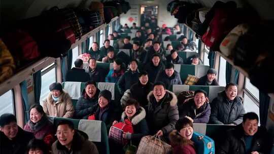 火车车厢内乘客欢乐场景