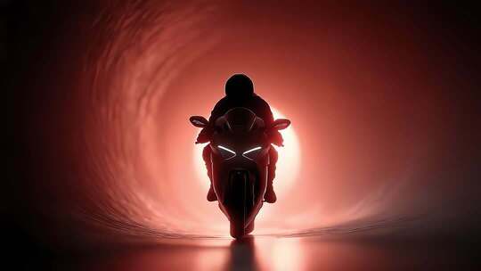 红色隧道中摩托车疾驰向前