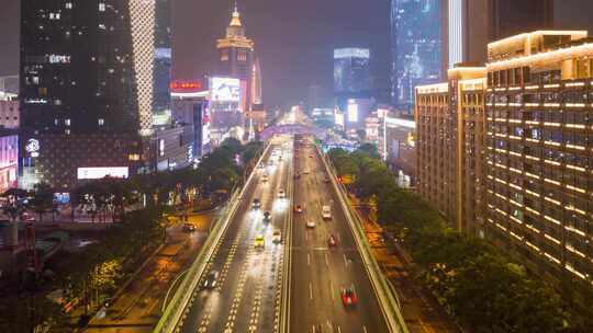 航拍大范围延时上海五角场夜景车流