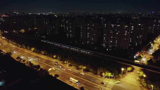 航拍上海城市轨道交通夜景