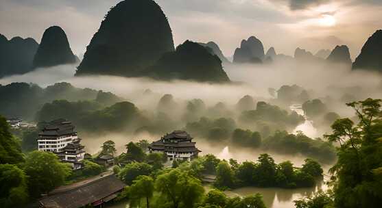 桂林山水合集山峰云海群山云雾缭绕自然风景