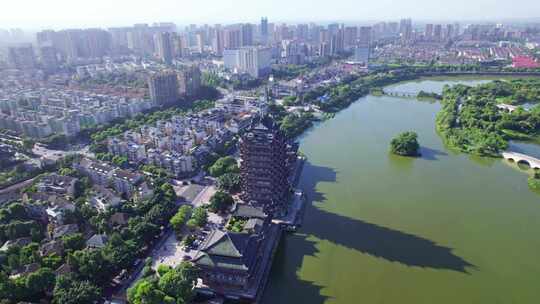 四川眉山远景楼和东坡城市湿地公园白昼航拍