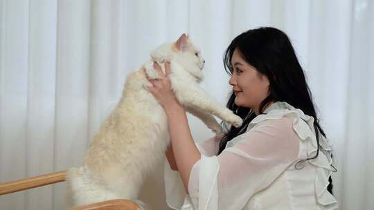 女孩在落地窗边抱着猫咪玩耍