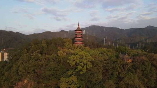 航拍推进古建筑自然落日风景浙江风光古塔