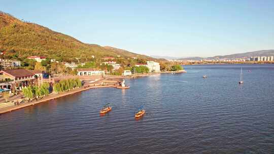 四川西昌邛海湿地公园月亮女神清晨航拍实时