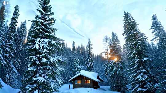 雪中小屋的冬日美景