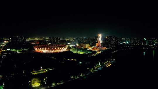 广东佛山世纪莲地标建筑夜景灯光航拍