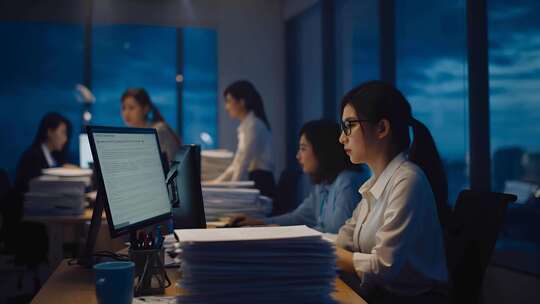 一群白领在公司忙碌熬夜加班工作