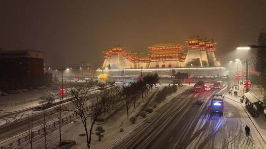 航拍洛阳应天门雪景