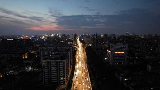 杭州城市夜幕降临夜景交通航拍