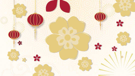 新年，金色花瓣，灯笼，扇子元素